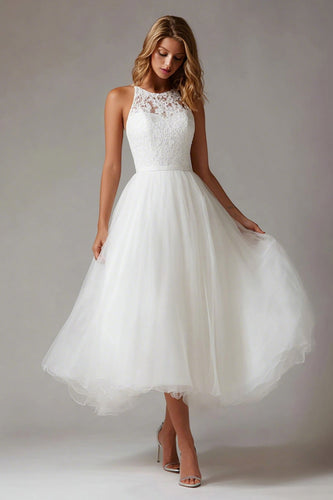 White Tulle A Line Midi Engagement Dress with Lace