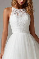 Load image into Gallery viewer, White Tulle A Line Midi Engagement Dress with Lace