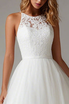 White Tulle A Line Midi Engagement Dress with Lace