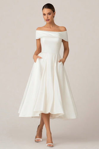 White Off the Shoulder Satin A Line Midi Wedding Reception Dress with Pockets