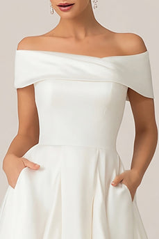 White Off the Shoulder Satin A Line Midi Wedding Reception Dress with Pockets