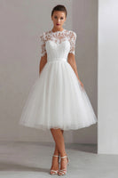 Load image into Gallery viewer, White A Line Tulle Short Sleeves Midi Engagement Dress with Lace