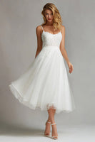 Load image into Gallery viewer, White A Line Spaghetti Straps Tulle Midi Engagement Dress with Lace