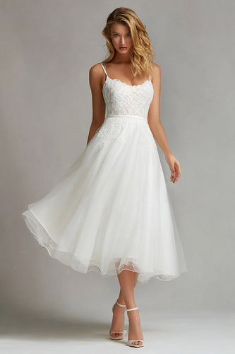 White A Line Spaghetti Straps Tulle Midi Engagement Dress with Lace