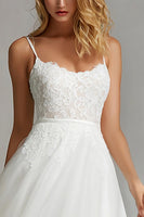 Load image into Gallery viewer, White A Line Spaghetti Straps Tulle Midi Engagement Dress with Lace