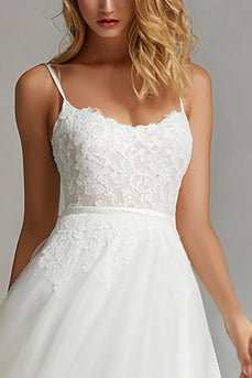 White A Line Spaghetti Straps Tulle Midi Engagement Dress with Lace