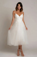 Load image into Gallery viewer, White A Line Tulle Spaghetti Straps Midi Engagement Dress with Lace