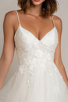 White A Line Tulle Spaghetti Straps Midi Engagement Dress with Lace