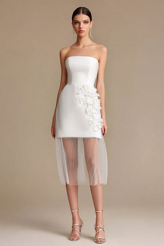 White Satin Bodycon Strapless Short Bachelorette Dress with 3D Flowers
