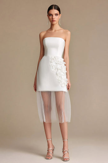 White Satin Bodycon Strapless Short Bachelorette Dress with 3D Flowers