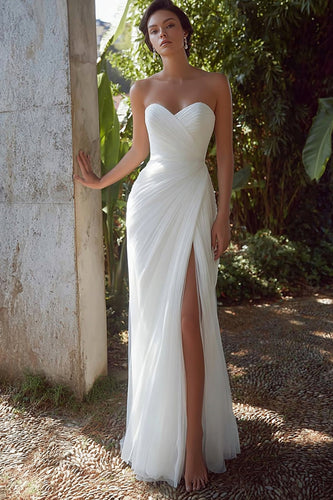 White Chiffon Sweetheart Long Engagement Dress with Slit