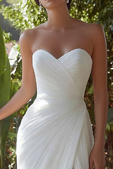White Chiffon Sweetheart Long Engagement Dress with Slit