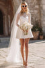 Load image into Gallery viewer, Sparkly White A Line Stain Short Wedding Dress with Lace