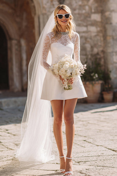 Sparkly White A Line Stain Short Wedding Dress with Lace