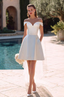 Load image into Gallery viewer, Simple White Off the Shoulder A Line Satin Short Wedding Dress