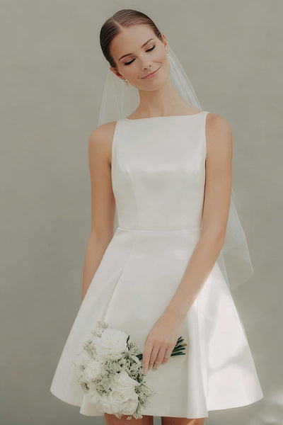 White A Line Bateau Neck Satin Short Wedding Dress