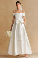 Load image into Gallery viewer, White Satin A Line Off the Shoulder Long Wedding Dress with Bow