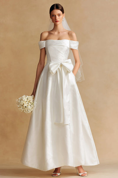 White Satin A Line Off the Shoulder Long Wedding Dress with Bow