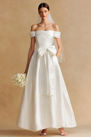 White Satin A Line Off the Shoulder Long Wedding Dress with Bow