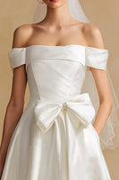 Load image into Gallery viewer, White Satin A Line Off the Shoulder Long Wedding Dress with Bow