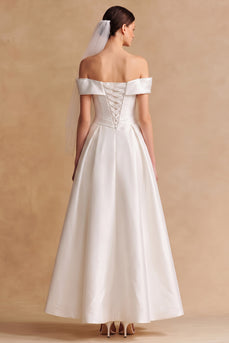 White Satin A Line Off the Shoulder Long Wedding Dress with Bow