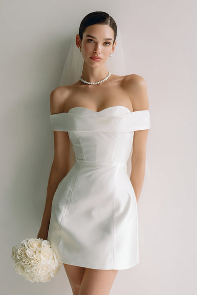 White Satin Bodycon Off the Shoulder Short Wedding Dress