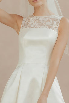 White Satin A Line Round Neck Short Wedding Dress with Lace