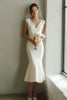 Load image into Gallery viewer, White Satin Mermaid V-Neck Midi Wedding Dress