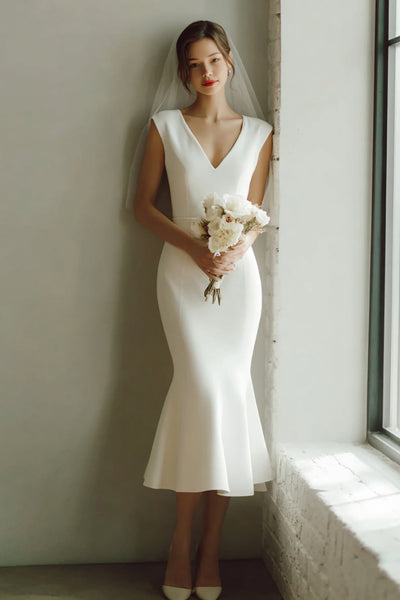 White Satin Mermaid V-Neck Midi Wedding Dress