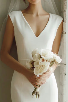 White Satin Mermaid V-Neck Midi Wedding Dress