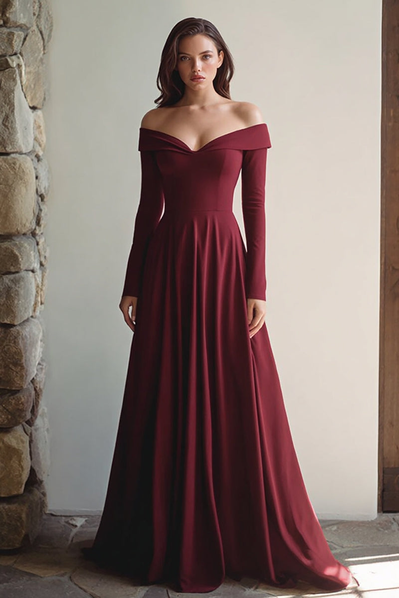 Load image into Gallery viewer, Burgundy A Line Off the Shoulder Long Formal Dress with Sleeves