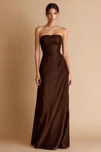 Coffee Sheath Satin Strapless Long Formal Dress