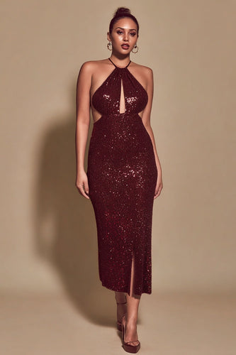 Sparkly Burgundy Sheath Sequin Halter Long Holiday Party Dress with Keyhole