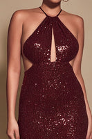 Load image into Gallery viewer, Sparkly Burgundy Sheath Sequin Halter Long Holiday Party Dress with Keyhole
