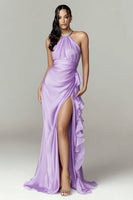 Load image into Gallery viewer, Sparkly Lilac Mermaid Halter Ruffled Long Formal Dress with Slit
