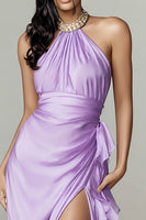 Load image into Gallery viewer, Sparkly Lilac Mermaid Halter Ruffled Long Formal Dress with Slit