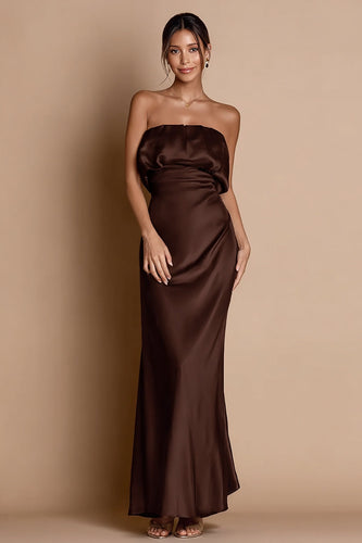 Coffee Satin Mermaid Strapless Long Formal Dress