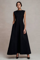 Load image into Gallery viewer, Black Satin A Line Bateau Neck Long Formal Dress