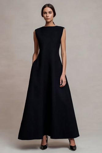 Black Satin A Line Bateau Neck Long Formal Dress