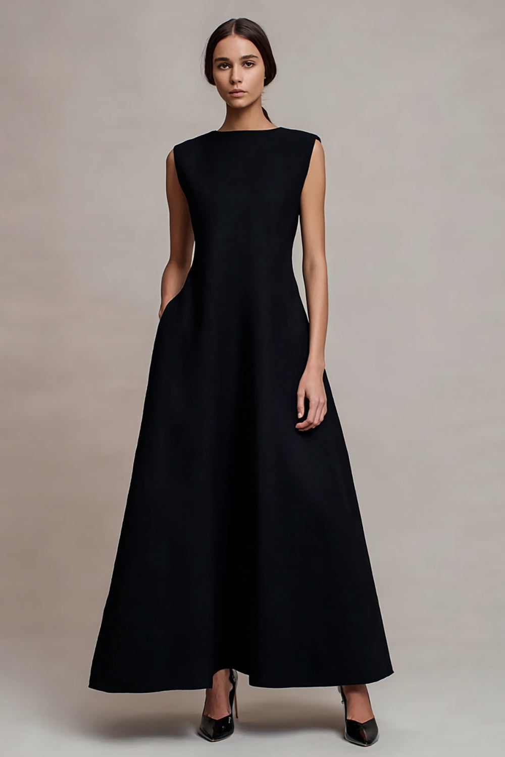 Queendancer Women Black Long Evening Dress Bateau Neck A Line Satin Black Tie Dress