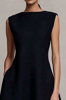 Black Satin A Line Bateau Neck Long Formal Dress