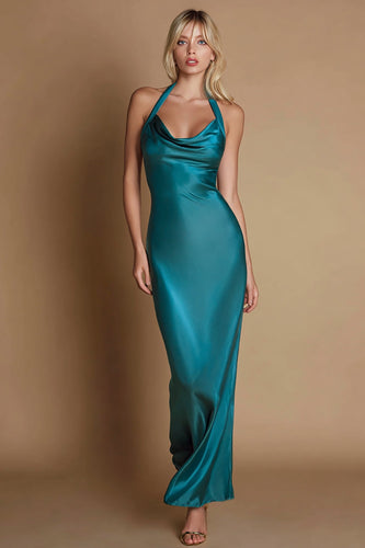 Peacock Sheath Satin Halter Long Formal Dress