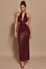 Load image into Gallery viewer, Sparkly Burgundy Mermaid Halter Sequin Cut Out Long Holiday Party Dress