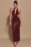 Load image into Gallery viewer, Sparkly Burgundy Mermaid Halter Sequin Cut Out Long Holiday Party Dress