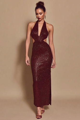 Sparkly Burgundy Mermaid Halter Sequin Cut Out Long Holiday Party Dress