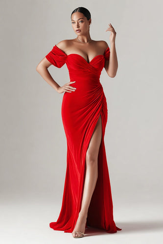 Red Mermaid Off the Shoulder Long Formal with Slit
