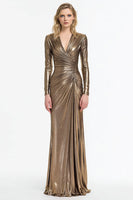 Load image into Gallery viewer, Sparkly Grey and Gold Metallic Sheath V-Neck Long Sleeves Formal Dress