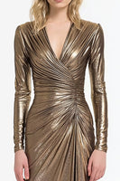 Load image into Gallery viewer, Sparkly Grey and Gold Metallic Sheath V-Neck Long Sleeves Formal Dress