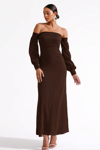Dark Brown Satin Strapless Sheath Long Formal Dress with Sleeves