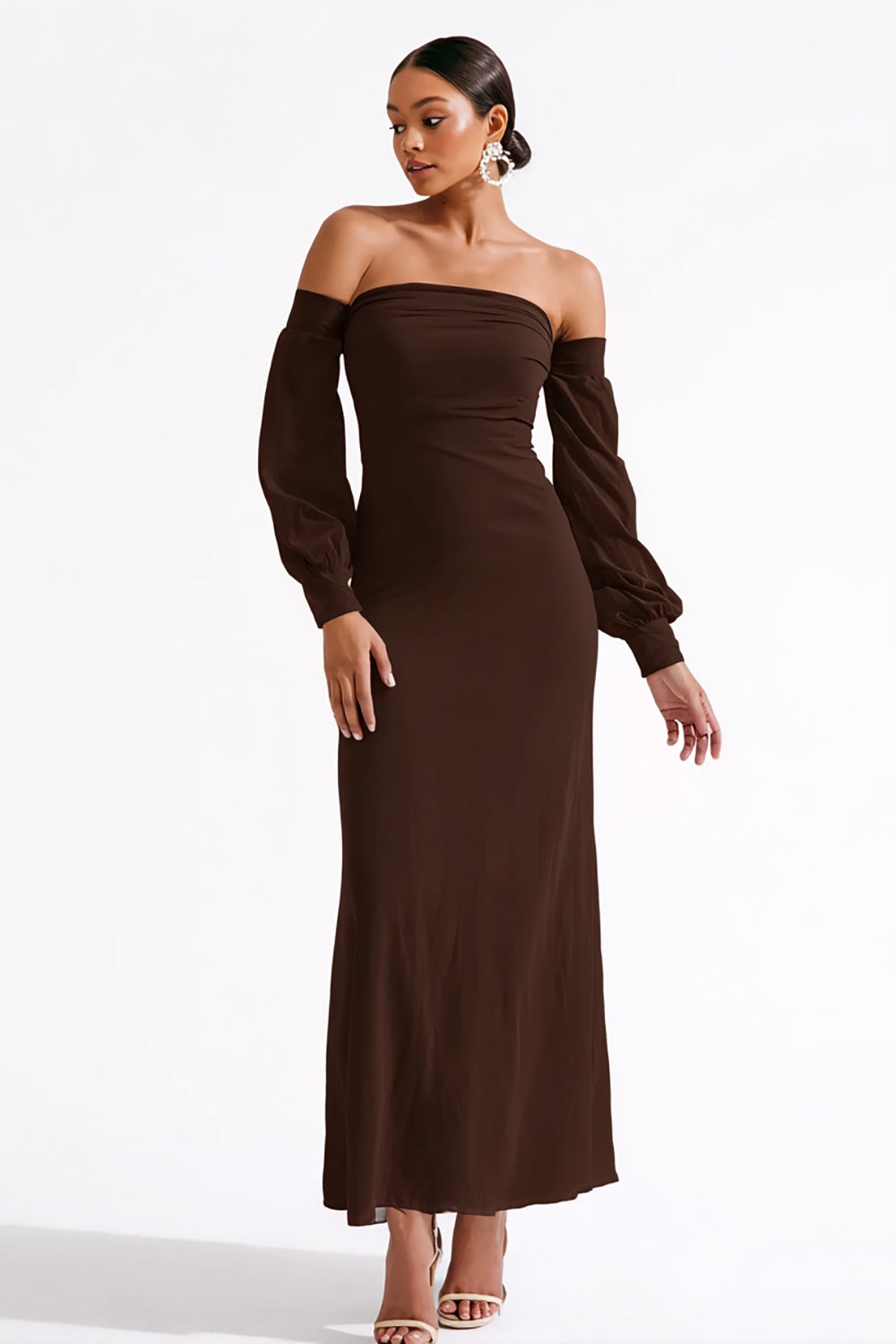 Dark Brown Satin Strapless Sheath Long Formal Dress with Sleeves